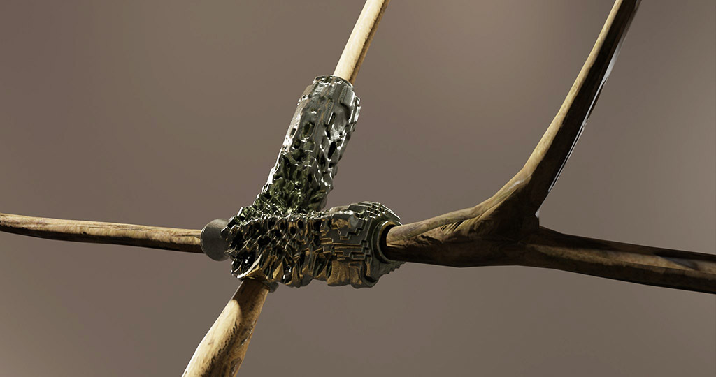 Branching is a series of sculptures that connect imaginary bone structures with different types of wood. The bones are imagined as articulations between woods of distinct variety. These sculptures propose a hybridization that summons nature to create an unnatural dialogue. Often made of metal (stainless steel), the bone evokes a prosthesis, while its shape refers to the organic development of the body’s bone structures.