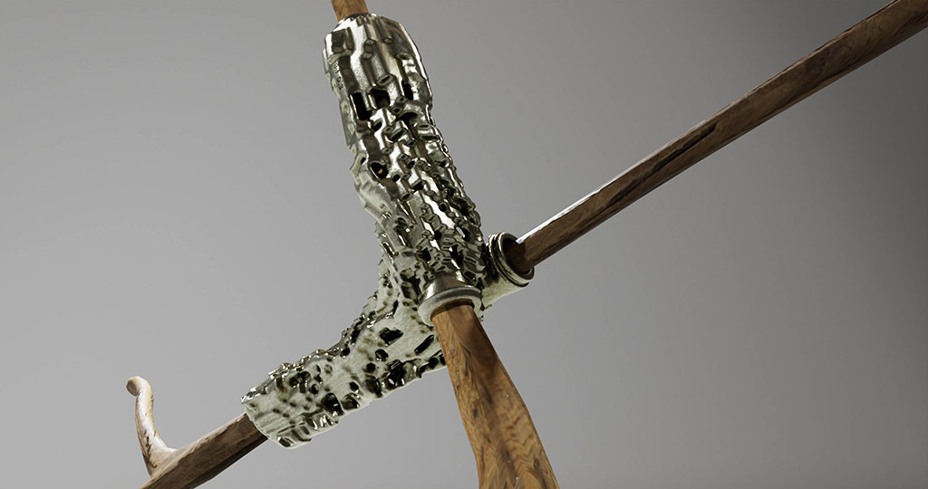 Branching is a series of sculptures that connect imaginary bone structures with different types of wood. The bones are imagined as articulations between woods of distinct variety. These sculptures propose a hybridization that summons nature to create an unnatural dialogue. Often made of metal (stainless steel), the bone evokes a prosthesis, while its shape refers to the organic development of the body’s bone structures.