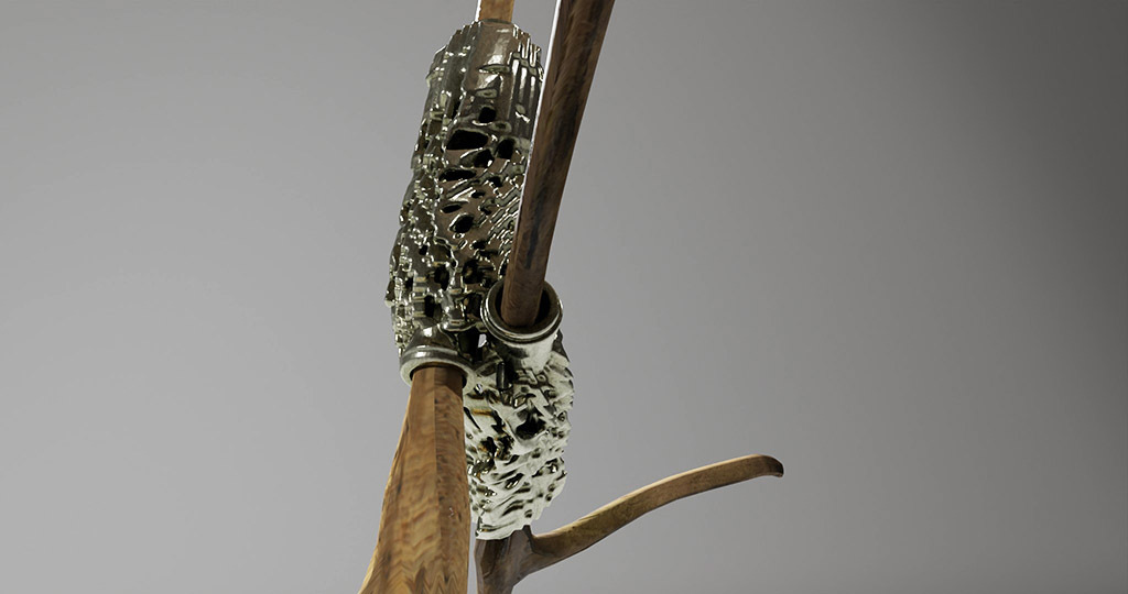 Branching is a series of sculptures that connect imaginary bone structures with different types of wood. The bones are imagined as articulations between woods of distinct variety. These sculptures propose a hybridization that summons nature to create an unnatural dialogue. Often made of metal (stainless steel), the bone evokes a prosthesis, while its shape refers to the organic development of the body’s bone structures.