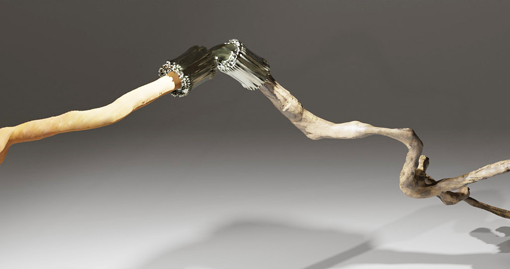 Branching is a series of sculptures that connect imaginary bone structures with different types of wood. The bones are imagined as articulations between woods of distinct variety. These sculptures propose a hybridization that summons nature to create an unnatural dialogue. Often made of metal (stainless steel), the bone evokes a prosthesis, while its shape refers to the organic development of the body’s bone structures.