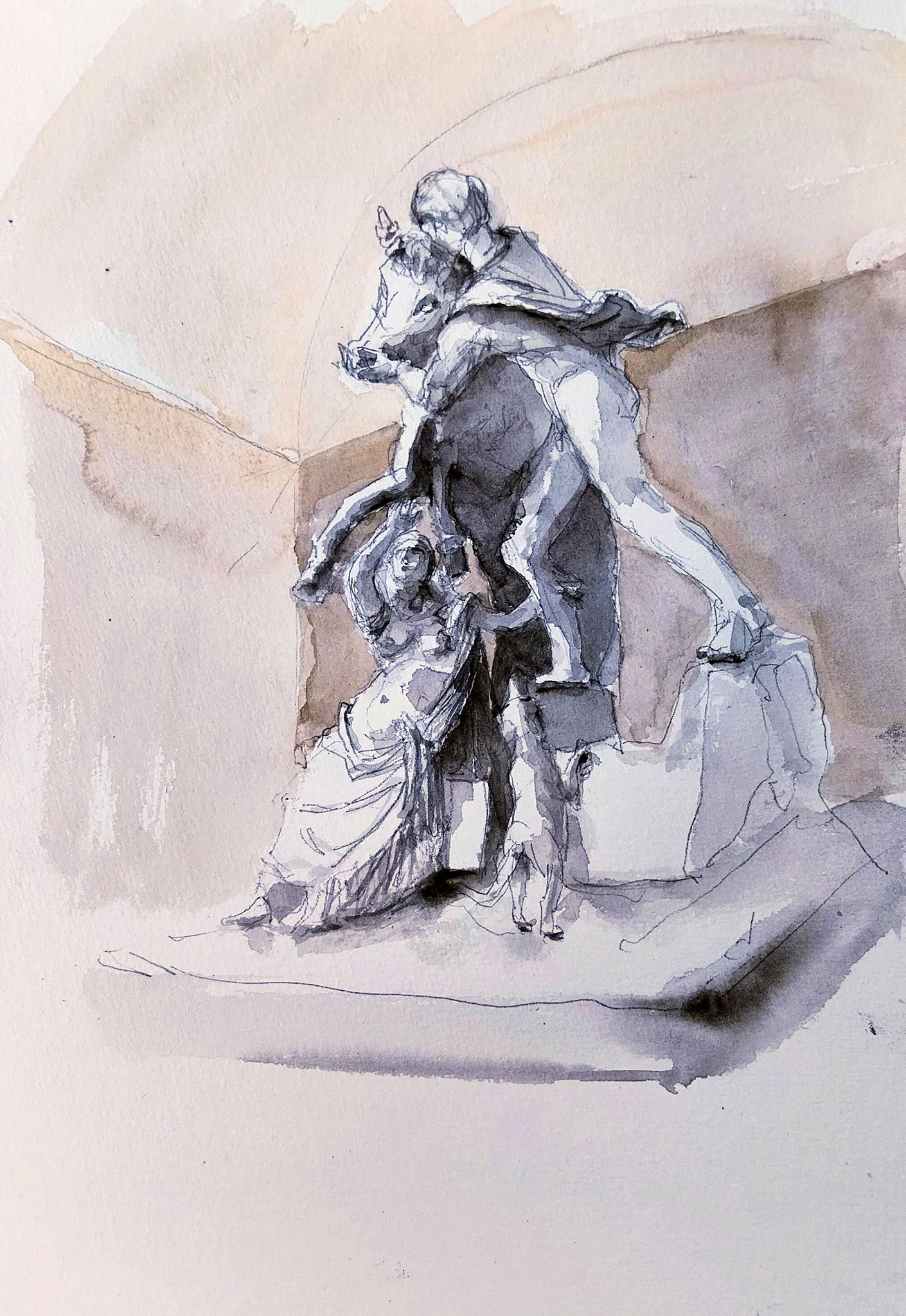 original and authentic sculpture by artist stéphane gantelet. title of artwork : aquarelle_323_Italie_Naples_personnage_sculpture_gris_2025