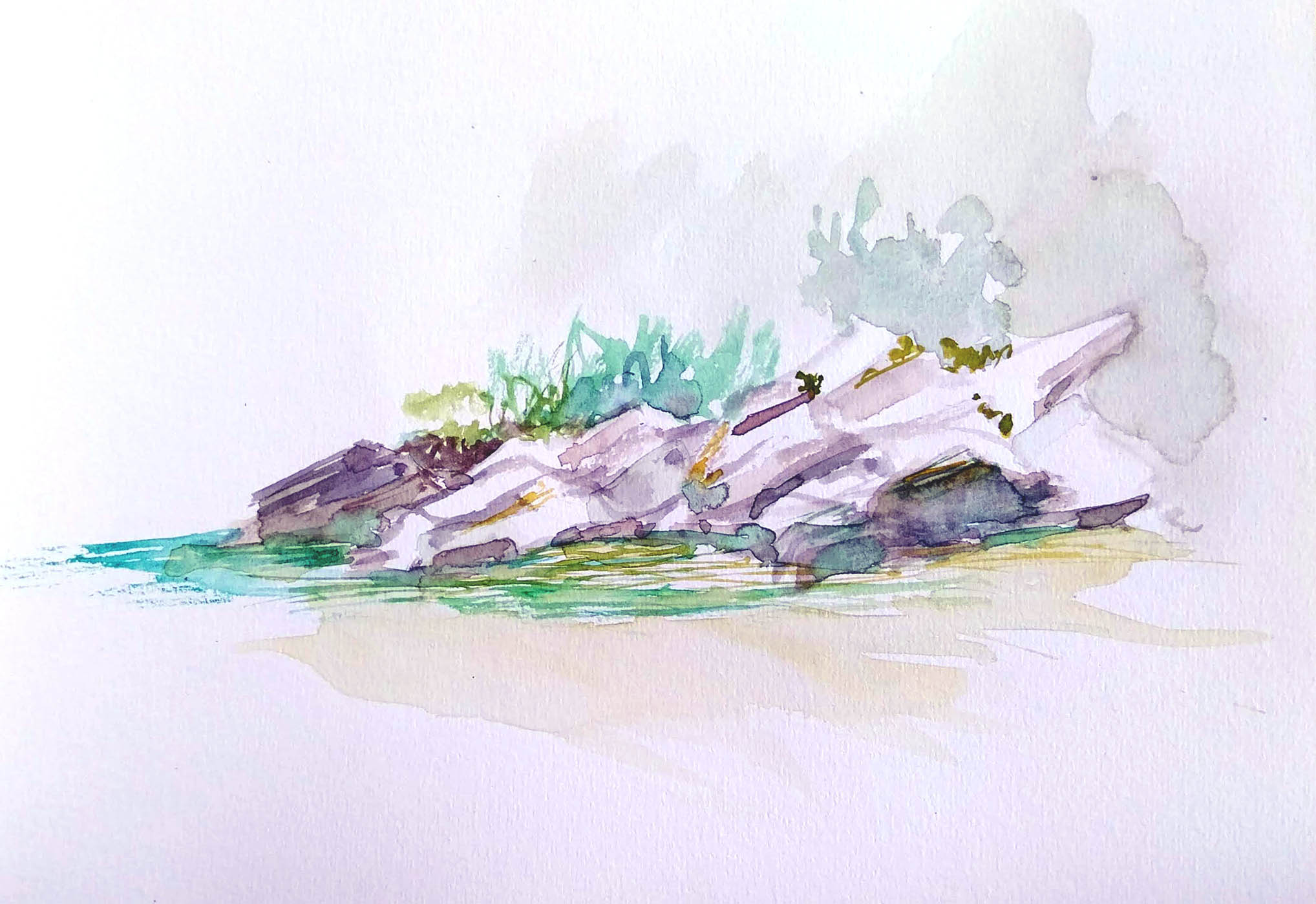 original and authentic sculpture by artist stéphane gantelet. title of artwork : aquarelle_343_Souillas_riviere_paysage_rocher_mauve_2025