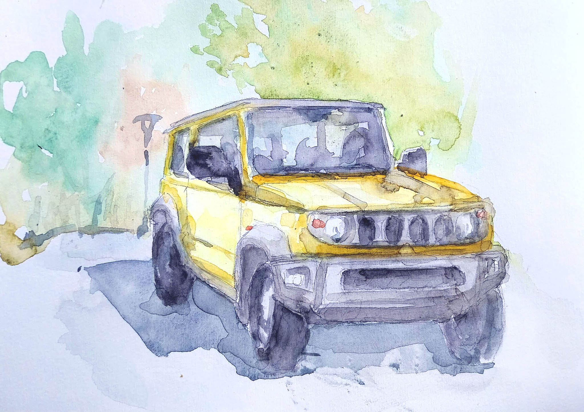 original and authentic sculpture by artist stéphane gantelet. title of artwork : aquarelle_337_Ardèche_Pourcenoux_vehicule_Jimmy_jaune_2025