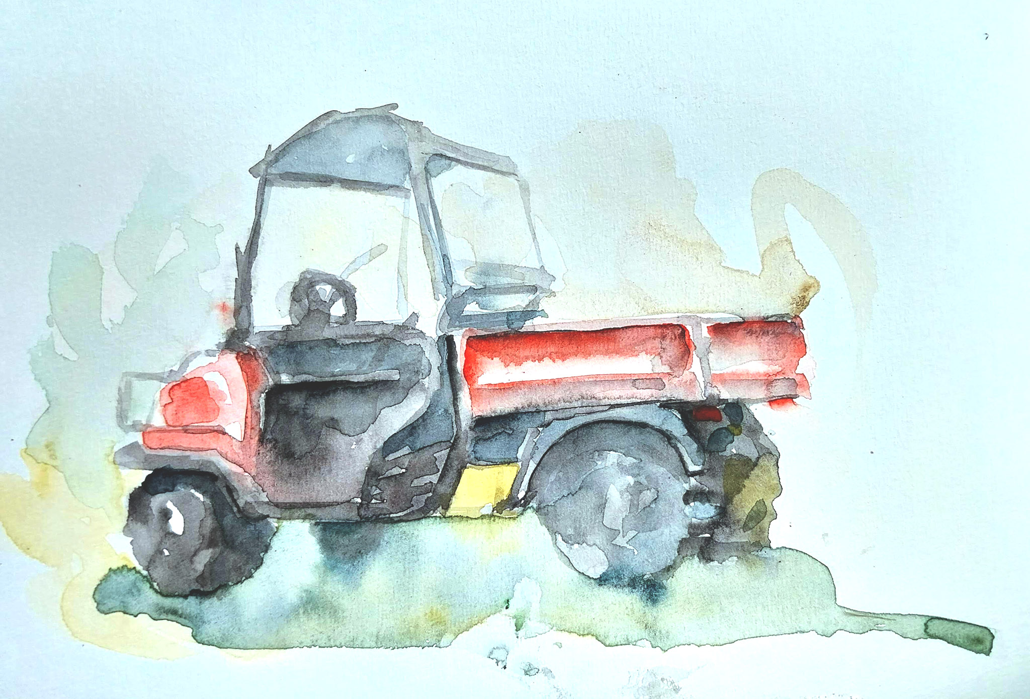 original and authentic sculpture by artist stéphane gantelet. title of artwork : aquarelle_338_Ardèche_Pourcenoux_vehicule_Kubota_rouge_2025