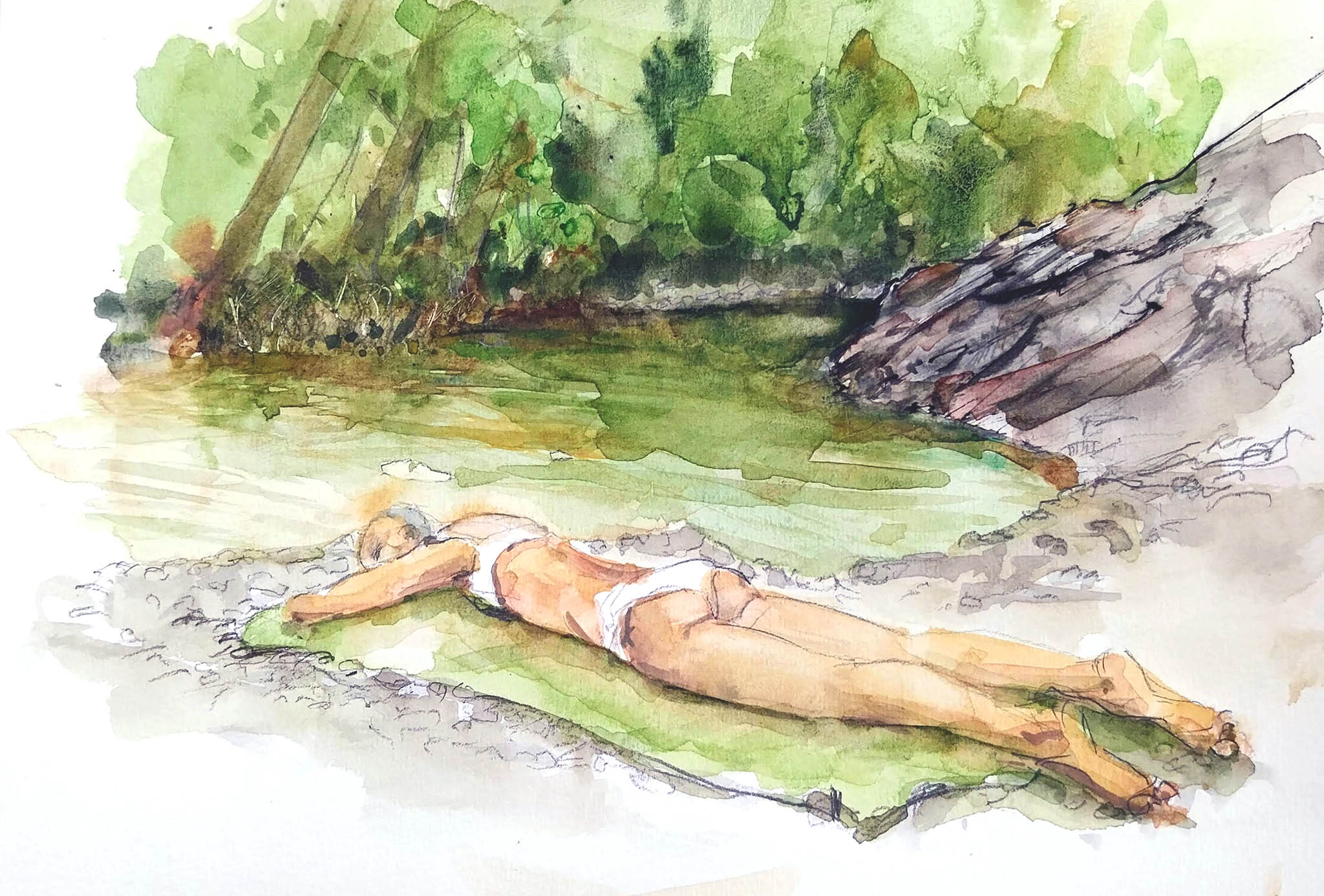 original and authentic sculpture by artist stéphane gantelet. title of artwork : aquarelle_342_Souillas_riviere_personnage_Juliette_vert_2025