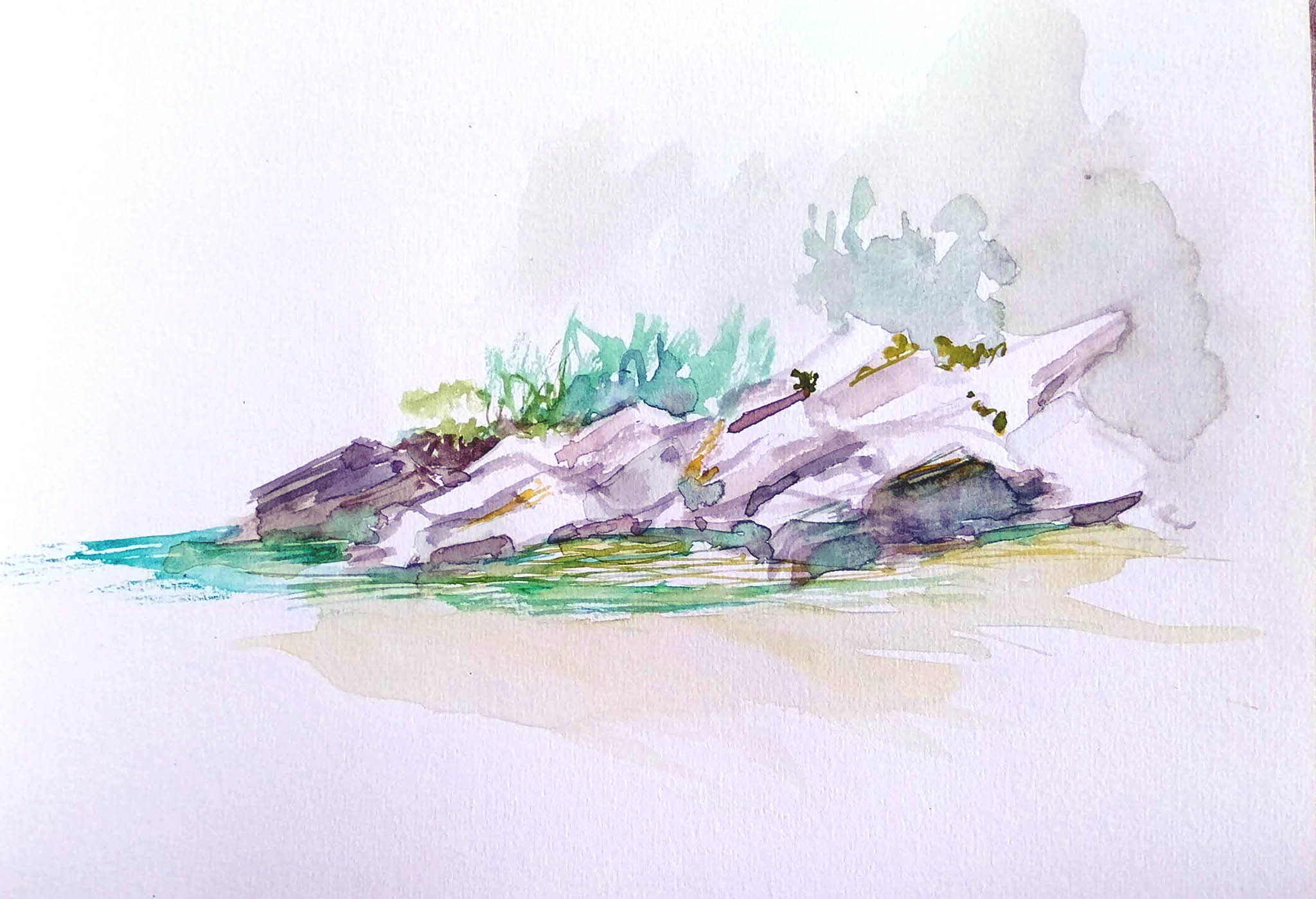 original and authentic sculpture by artist stéphane gantelet. title of artwork : aquarelle_343_Souillas_riviere_paysage_rocher_mauve_2025