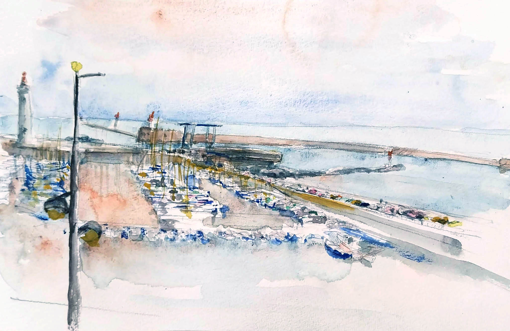 original and authentic sculpture by artist stéphane gantelet. title of artwork : aquarelle_349_Sete_port_paysage_mer_rose_2026