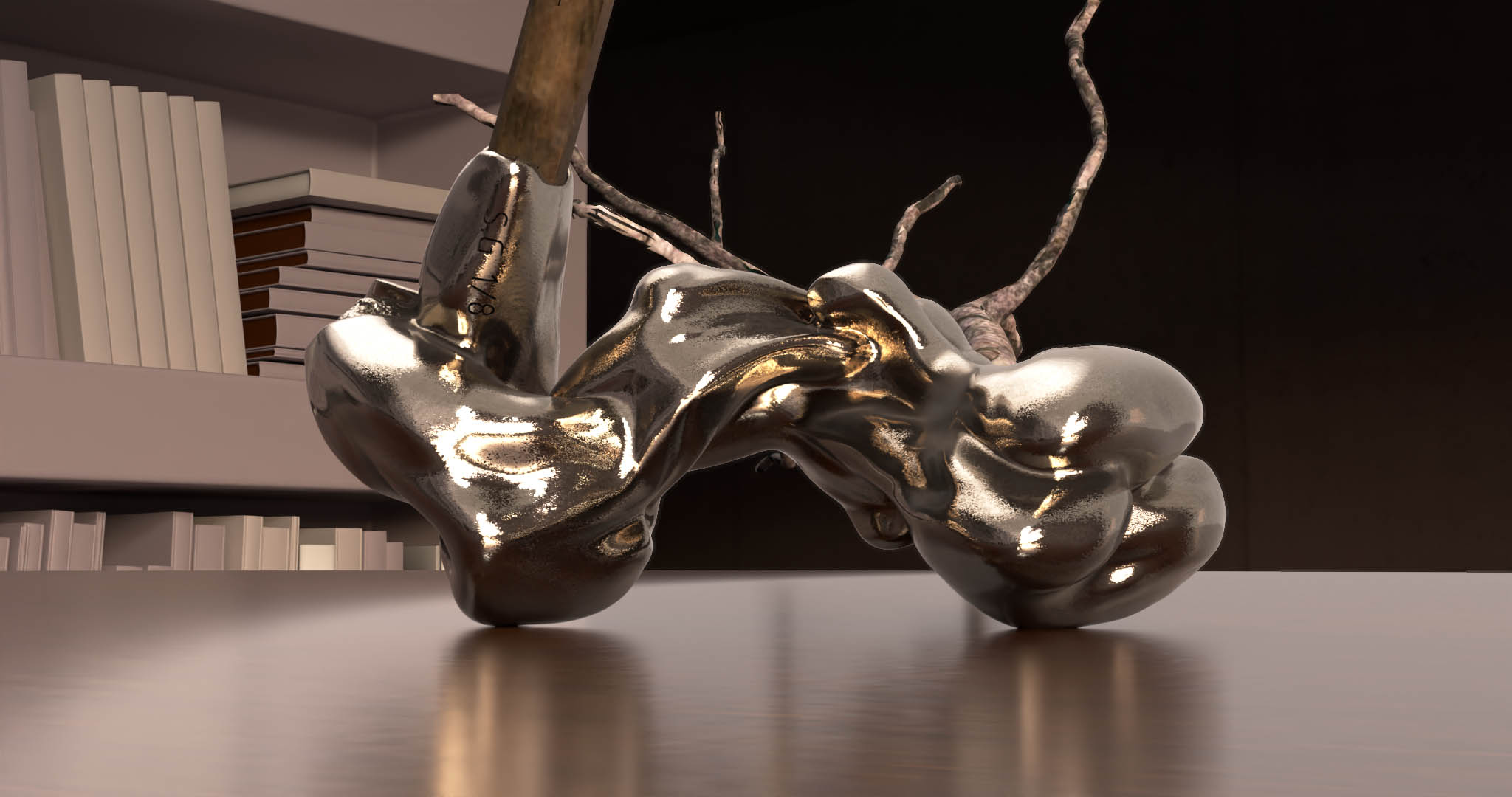 Branching is a series of sculptures that connect imaginary bone structures with different types of wood. The bones are imagined as articulations between woods of distinct variety. These sculptures propose a hybridization that summons nature to create an unnatural dialogue. Often made of metal (stainless steel), the bone evokes a prosthesis, while its shape refers to the organic development of the body’s bone structures.