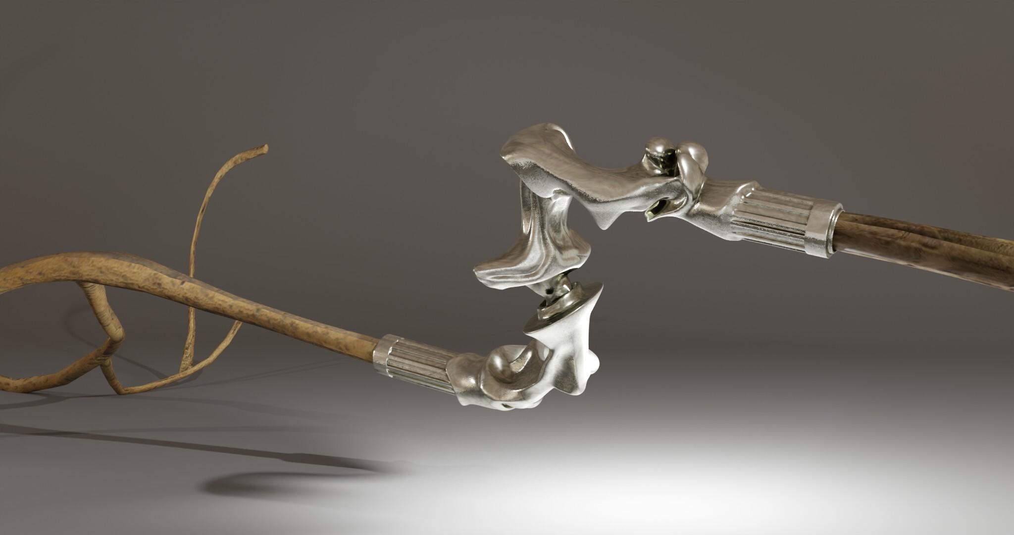 Branching is a series of sculptures that connect imaginary bone structures with different types of wood. The bones are imagined as articulations between woods of distinct variety. These sculptures propose a hybridization that summons nature to create an unnatural dialogue. Often made of metal (stainless steel), the bone evokes a prosthesis, while its shape refers to the organic development of the body’s bone structures.