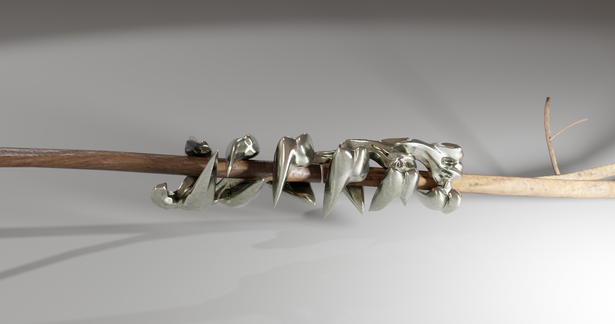 Branching is a series of sculptures that connect imaginary bone structures with different types of wood. The bones are imagined as articulations between woods of distinct variety. These sculptures propose a hybridization that summons nature to create an unnatural dialogue. Often made of metal (stainless steel), the bone evokes a prosthesis, while its shape refers to the organic development of the body’s bone structures.