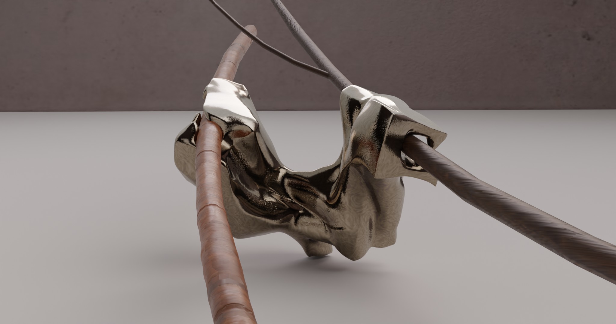 Branching is a series of sculptures that connect imaginary bone structures with different types of wood. The bones are imagined as articulations between woods of distinct variety. These sculptures propose a hybridization that summons nature to create an unnatural dialogue. Often made of metal (stainless steel), the bone evokes a prosthesis, while its shape refers to the organic development of the body’s bone structures.