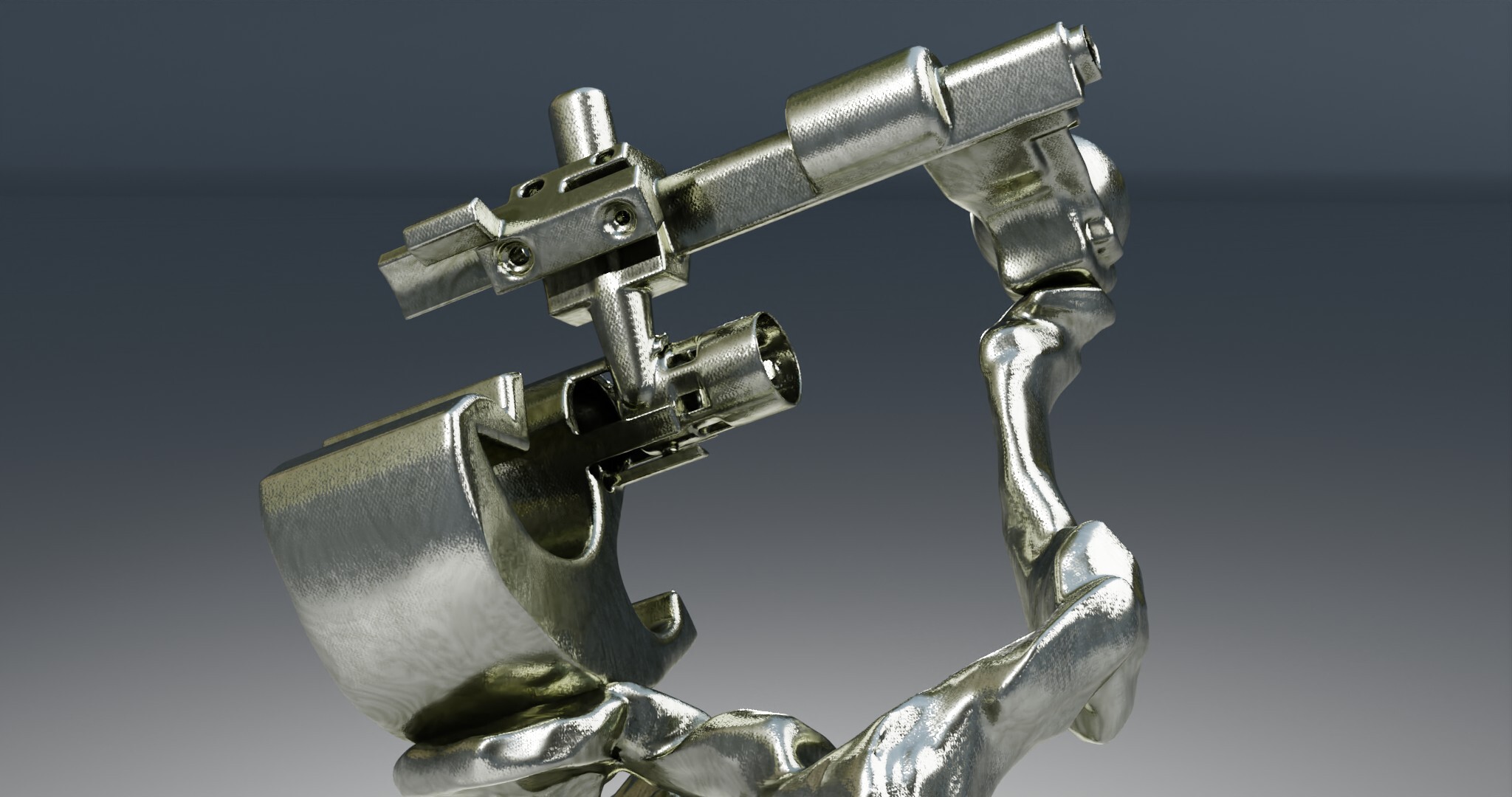 I come from the bronze age, having been a foundryman for 15 years. Then I became interested in virtual space. That’s what I experienced. This passage from one to the other. Today, I would say from one from the other. With the MachineOs series, I sought to interrogate this new tool by bringing into dialogue the modeling concepts at work in my software. A bit like a blowtorch talking to a hammer. MachineOs are thus the result of a dialogue between polygonal modeling and NURBS. One is more geared to mechanical, angular shapes, the other to organic, supple forms.