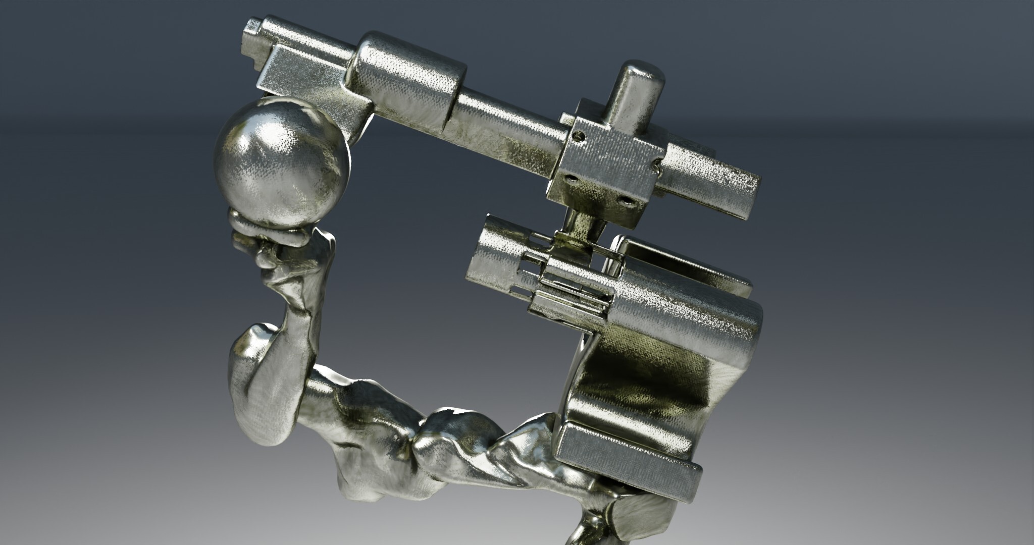 I come from the bronze age, having been a foundryman for 15 years. Then I became interested in virtual space. That’s what I experienced. This passage from one to the other. Today, I would say from one from the other. With the MachineOs series, I sought to interrogate this new tool by bringing into dialogue the modeling concepts at work in my software. A bit like a blowtorch talking to a hammer. MachineOs are thus the result of a dialogue between polygonal modeling and NURBS. One is more geared to mechanical, angular shapes, the other to organic, supple forms.
