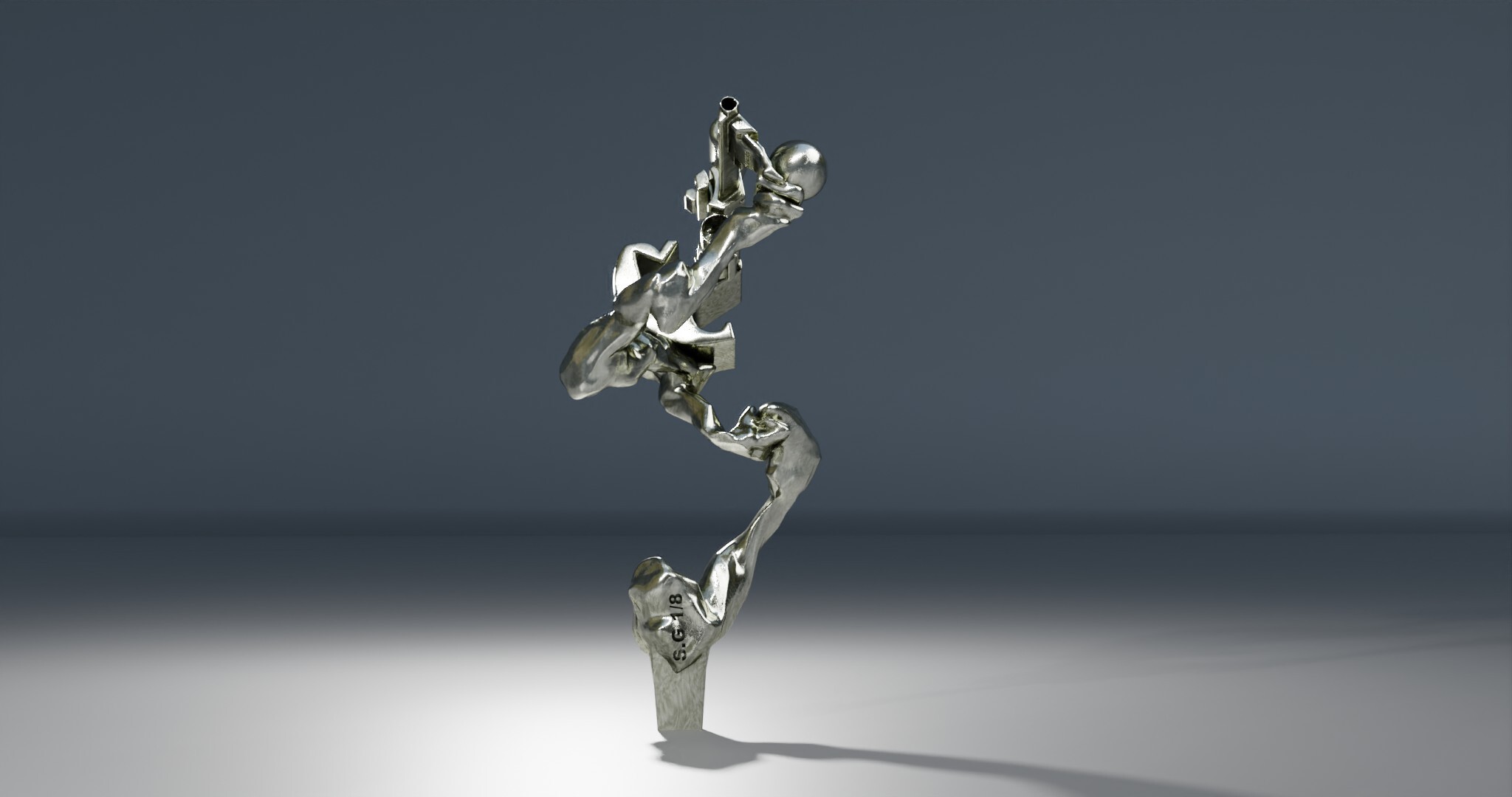 I come from the bronze age, having been a foundryman for 15 years. Then I became interested in virtual space. That’s what I experienced. This passage from one to the other. Today, I would say from one from the other. With the MachineOs series, I sought to interrogate this new tool by bringing into dialogue the modeling concepts at work in my software. A bit like a blowtorch talking to a hammer. MachineOs are thus the result of a dialogue between polygonal modeling and NURBS. One is more geared to mechanical, angular shapes, the other to organic, supple forms.