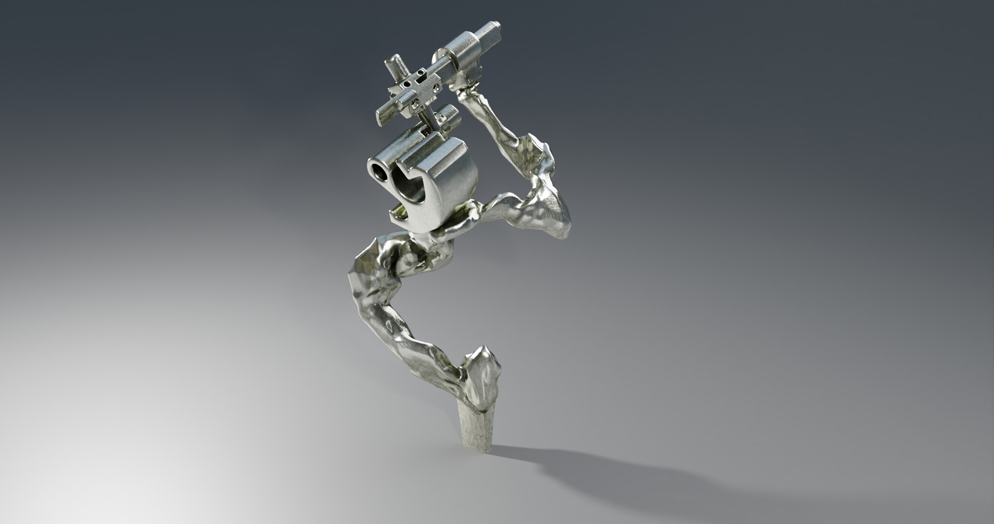 I come from the bronze age, having been a foundryman for 15 years. Then I became interested in virtual space. That’s what I experienced. This passage from one to the other. Today, I would say from one from the other. With the MachineOs series, I sought to interrogate this new tool by bringing into dialogue the modeling concepts at work in my software. A bit like a blowtorch talking to a hammer. MachineOs are thus the result of a dialogue between polygonal modeling and NURBS. One is more geared to mechanical, angular shapes, the other to organic, supple forms.