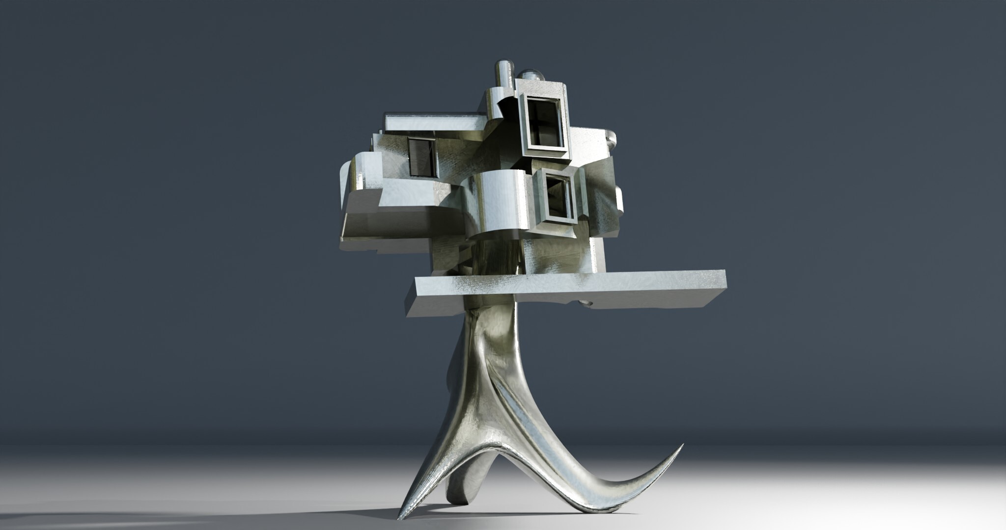I come from the bronze age, having been a foundryman for 15 years. Then I became interested in virtual space. That’s what I experienced. This passage from one to the other. Today, I would say from one from the other. With the MachineOs series, I sought to interrogate this new tool by bringing into dialogue the modeling concepts at work in my software. A bit like a blowtorch talking to a hammer. MachineOs are thus the result of a dialogue between polygonal modeling and NURBS. One is more geared to mechanical, angular shapes, the other to organic, supple forms.